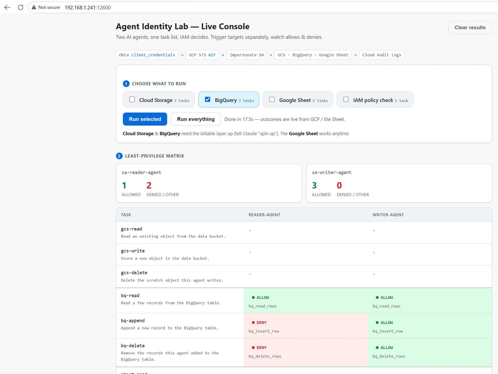 Live console showing the BigQuery allow/deny results