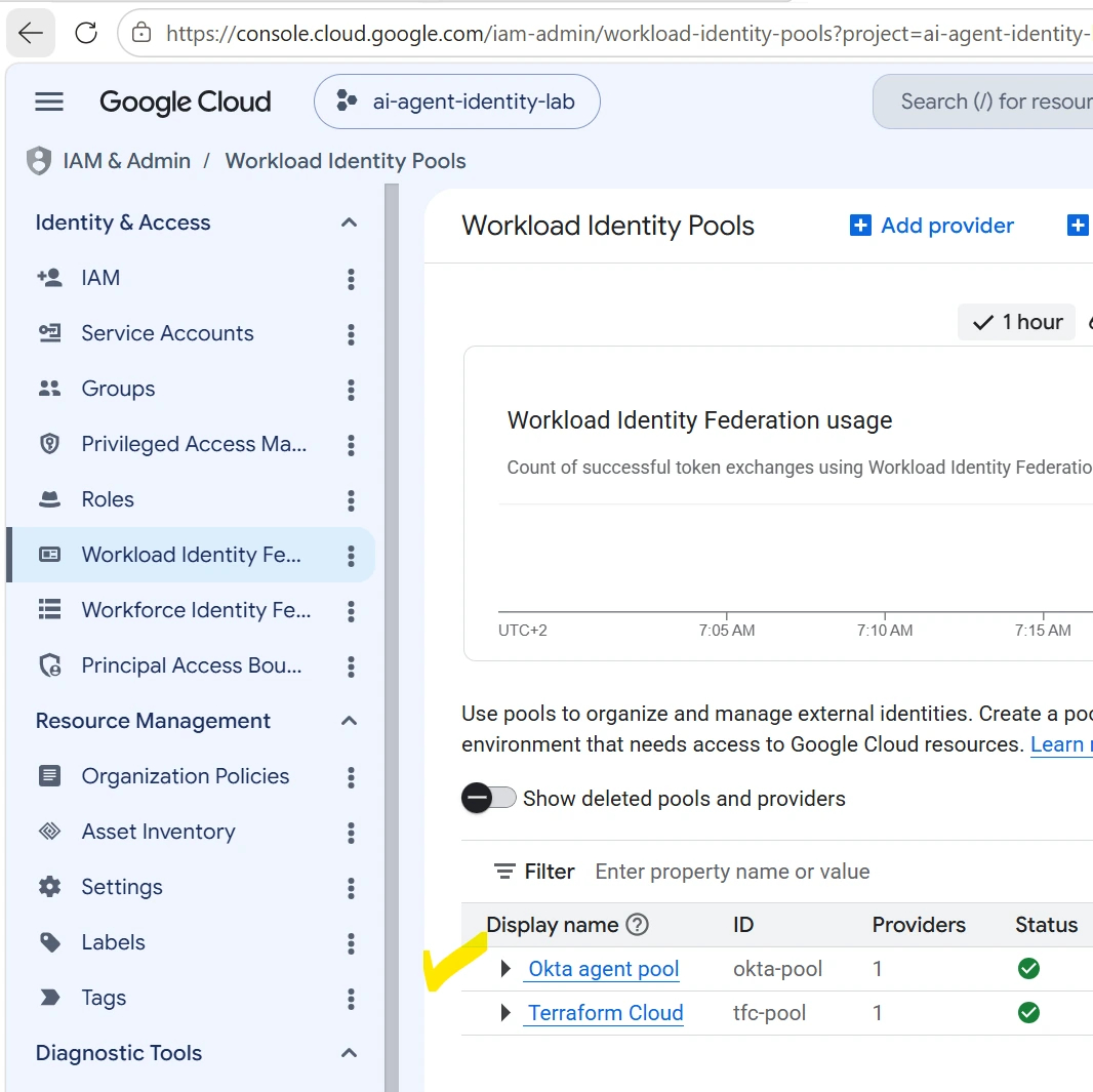 GCP Console showing the okta-pool under Workload Identity Federation